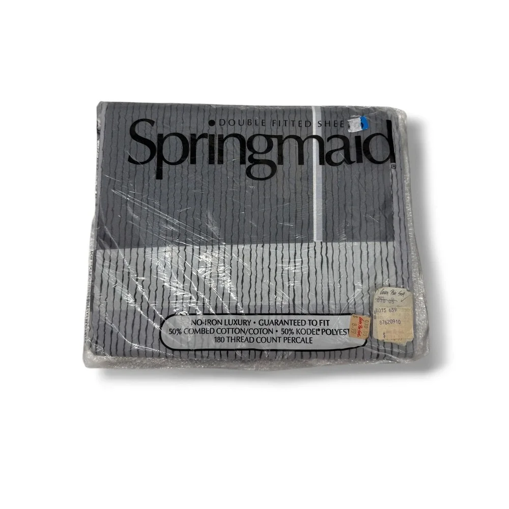 Springmaid Double Full Fitted Sheet Gray Stripe Percale USA Vintage NIP NOS